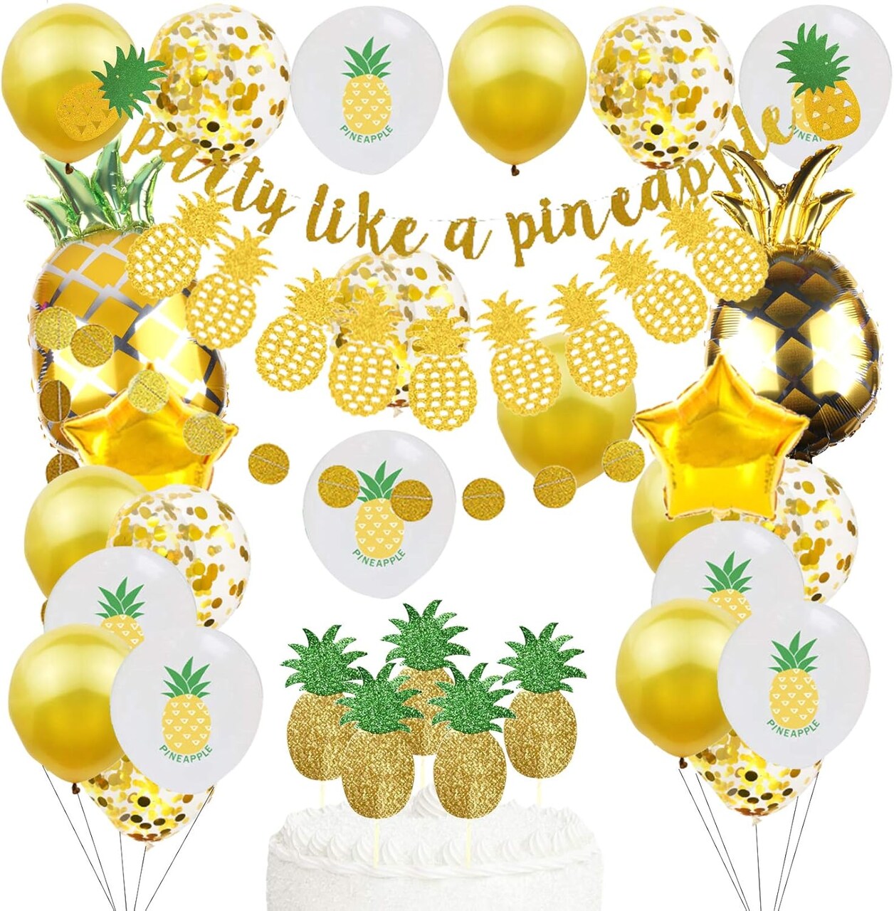 Gold Glitter Pineapple Party Decorations – Summer Pineapple Garland Banner, Latex & Foil Balloons, Cupcake Toppers for Bachelorette, Birthday & Luau Parties
